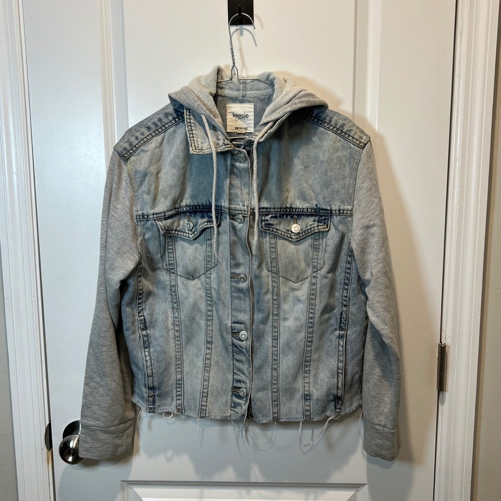 Kensie Women Denim Jacket Mixed Media Hoodie Light Wash Blue Gray Size‎ M